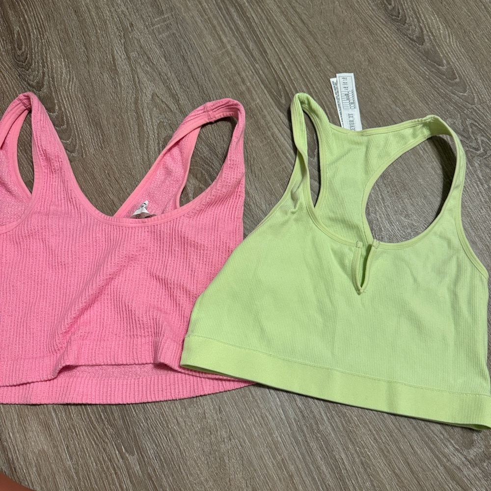 Pink and Green Ribbed Crop Tops